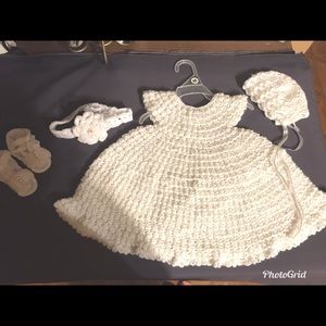 Hand made crochet baby white baptism dress set